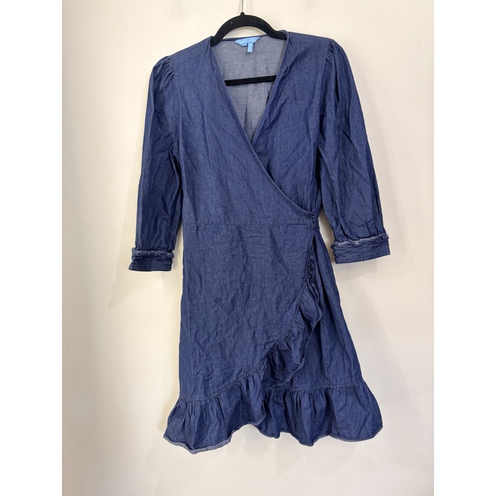 Draper James Chambray Wrap Dress Women's 6 Blue 100% Cotton Ruffle Hem